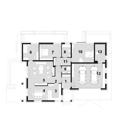 Projekt domu - DOM DWUPOKOLENIOWY - rzut parteru, układ opcjonalny (bez dodatkowego modułu mieszkalnego)